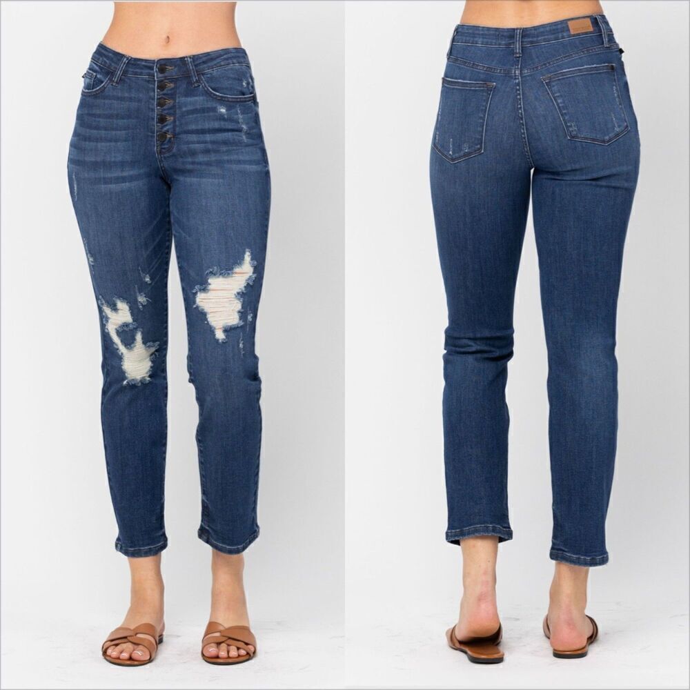 Judy Blue Button Fly Boyfriend Fit Jeans Size 18W Distressed Medium Wash